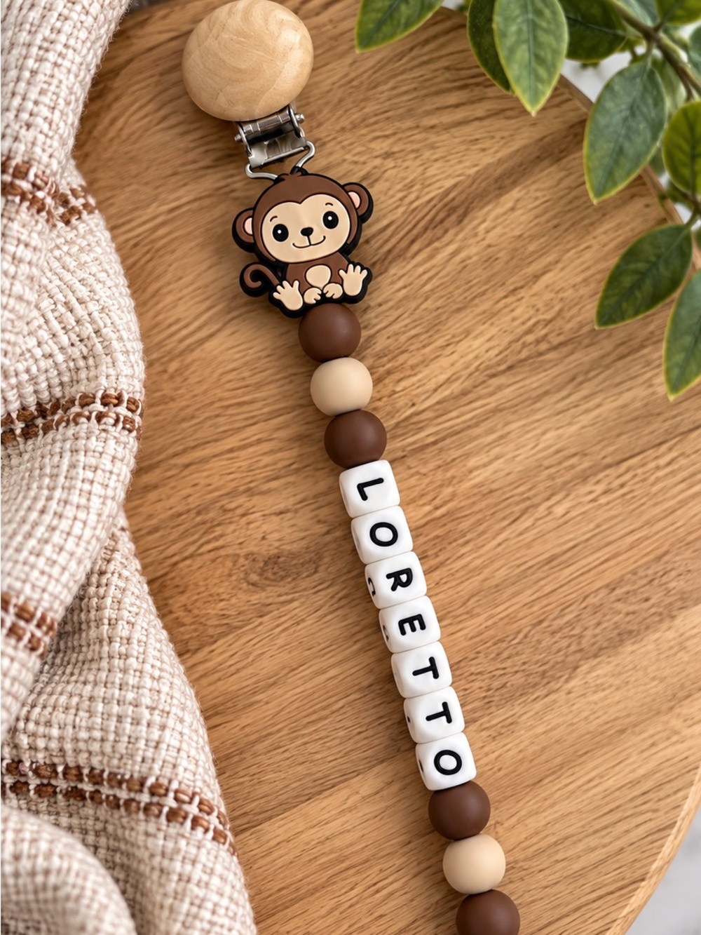 Personalized Monkey Pacifier Clip in Brown & Cream - Custom Name